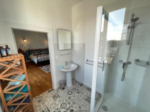 a bathroom with a sink and a shower at La Salmonière in Le Vivier-sur-Mer