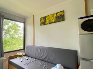 Camping Paradis Le Céou في Saint-Cybranet: غرفة معيشة مع أريكة ونافذة