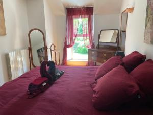 a bedroom with a purple bed with a dresser and a window at La Maringote in Cerisy-la-Forêt