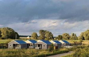 una fila di case con tetti blu in un campo di u Kapitana a Rowy