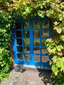 una porta aperta blu con edera che cresce intorno di Schwalbennest a Uetersen