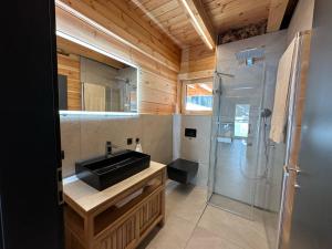 ein Bad mit einem Waschbecken und einer Dusche in der Unterkunft Chalet Chardonnay in Kaunertal