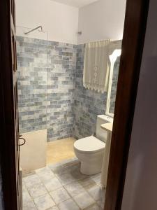 W łazience znajduje się toaleta i przeszklony prysznic. w obiekcie Apartamento 31 Ses Torretes w mieście Cala Morell