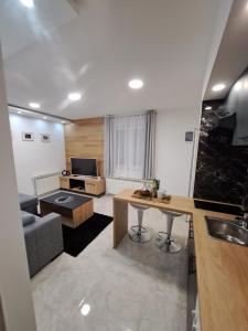 cocina y sala de estar con sofá y mesa en Apartman Pariz, en Slavonski Brod