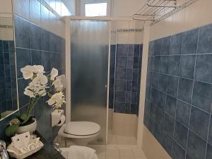a bathroom with a toilet and a shower with blue tiles at Residence Queen Mary in Cattolica