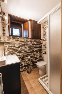 a bathroom with a toilet and a stone wall at CASA TRISQUEL 