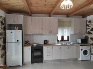 cocina con nevera blanca y lavavajillas en Alexander's cottage, en Límni