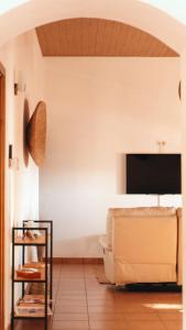 a living room with a couch and a television at The Blue House Valley in Grândola