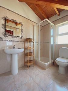 uma casa de banho com um lavatório, um chuveiro e um WC. em The Lighthouse Hostel Arrifana em Aljezur