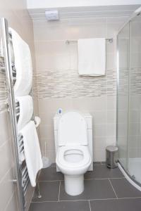 a bathroom with a toilet and a shower and towels at Evergreen Apartments-Flat 7, London in London