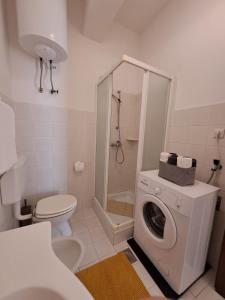 a bathroom with a washing machine and a toilet at Apartments Berny in Sveti Vid-Miholjice