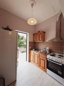 a kitchen with a refrigerator and a stove top oven at Ilias Apartments in Ipsos