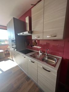 eine Küche mit einem Waschbecken und einer roten Wand in der Unterkunft La torre house in Civitavecchia