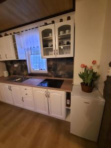 a kitchen with white cabinets and a sink at Chata Pohodička in Banský Studenec