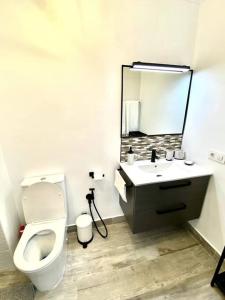 a bathroom with a toilet and a sink and a mirror at Apartamento en el centro San Fernando Cadiz. in San Fernando