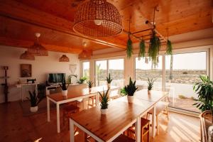 a living room with wooden ceilings and tables and plants at We Surf House in Figueira da Foz