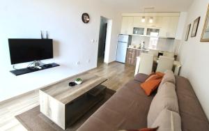 a living room with a couch and a tv at 1bd Sea View Apts Veliki Pjesak "Mula" in Dobra Voda +13 photos