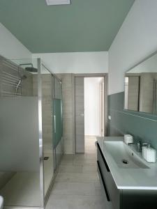 La salle de bains est pourvue d'un lavabo et d'une douche. dans l'établissement Maison Merci, à Pedemonte