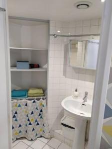 ein weißes Badezimmer mit einem Waschbecken und einem Spiegel in der Unterkunft Charmant studio hypercentre in Rouen