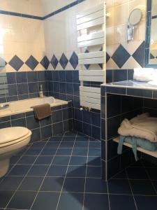 a blue tiled bathroom with a toilet and a sink at Villa Antoline in Cagnes-sur-Mer