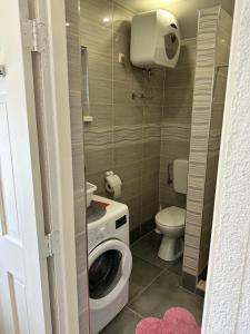 a bathroom with a washing machine and a toilet at Lora in Skradin
