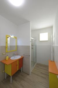 a bathroom with a sink and a mirror and a shower at TerrazzaPonente in Monte San Pietro