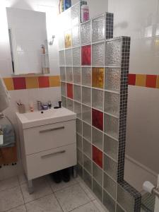 baño con lavabo y pared de azulejos en Alpazur-studio départ pistes en Péone