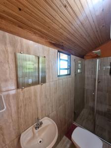 a bathroom with a sink and a shower at Chalés Encantos da Serra in Carrancas
