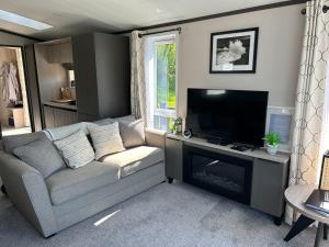 a living room with a couch and a flat screen tv at Mawgan Pads Lazy Days Lodge in Mawgan Porth