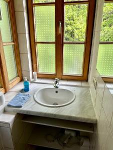 a bathroom with a sink and two windows at Pension Steakhaus Füssen in Füssen