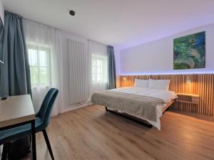 una camera con letto, scrivania e finestre di RA House a Braşov