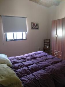 Un dormitorio con una cama morada y una ventana. en La calandria, en Tilcara