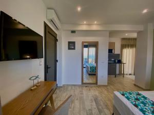 a bedroom with a bed and a living room at THEA Luxury Apartments in Vourvourou