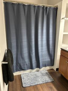 a shower curtain in a bathroom with a rug at Luxury loft in the heart of downtown Memphis in Memphis