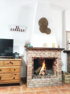 ein Wohnzimmer mit Kamin und Fernseher in der Unterkunft El Jándalo in Benaocaz