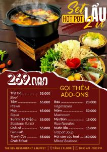 een menu voor een restaurant met een pot soep bij Cuu Long Hotel in My Tho