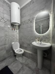 y baño con aseo, lavabo y espejo. en Апартаменти в центрі ЖК Над Бугом, en Khmelʼnytsʼkyy