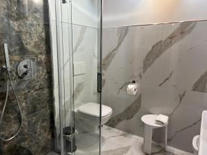 uma casa de banho com uma cabina de duche em vidro e um WC. em B&B SouthItaly em Busto Arsizio