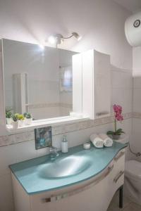 a bathroom with a sink and a mirror and a toilet at Villa Nefeli in Kalabaka