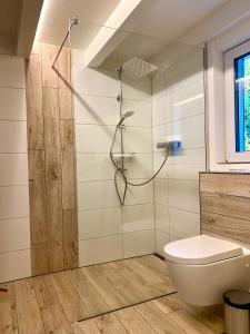 La salle de bains est pourvue d'une douche et de toilettes. dans l'établissement House of Happiness mit Seeblick, à Hungen