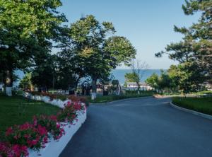 a road with flowers and trees and the ocean at морски вили Бендида къмпинг Гардения in Lozenets