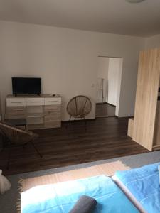 1 dormitorio con 1 cama, TV y silla en Vila Pavlínka , apartmány Losiny en Velké Losiny