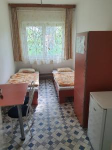 een kamer met 2 bedden, een tafel en een raam bij Hun-Thor Szálláshely in Oroszlány