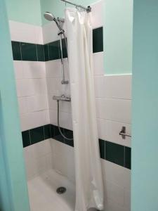 eine Dusche mit einem weißen Duschvorhang im Bad in der Unterkunft Gîte de la tour in Guillon