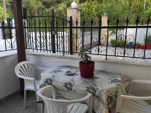 a table and chairs with a potted plant on a balcony at Niki's house 1 in Agia Triada