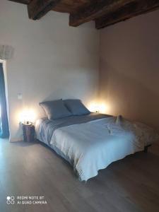 um quarto com uma cama com duas luzes em CHEZ GUETOU Gîte de charme en Lozère em La Tieule