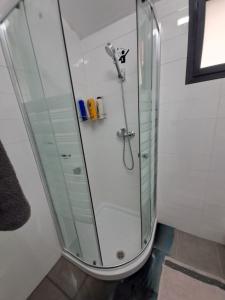 a shower with a glass door in a bathroom at בית המזל in Bet Sheʼan