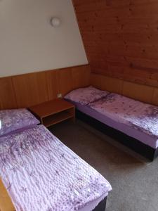 2 bedden in een kamer met paarse lakens bij Penzion Hana in Úlice