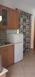 a kitchen with a white refrigerator and a microwave at Soustas Apartments in Longos