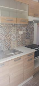 a kitchen with a sink and a tile wall at Soustas Apartments in Longos